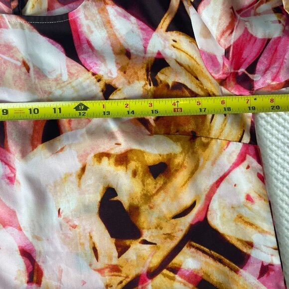 Jennifer Lopez Pink Brown Yellow Floral Short Sleeve Split Back Womens Top M - Picture 10 of 15